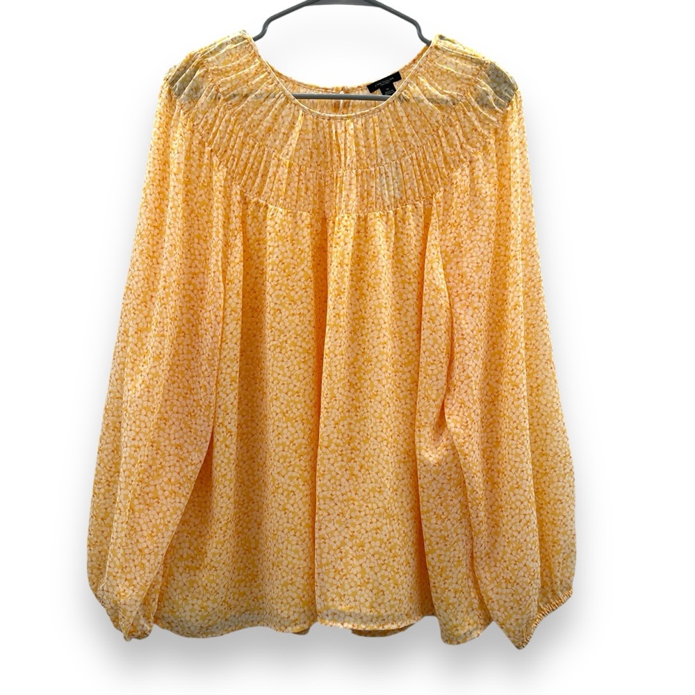 Ann Taylor Yellow Orange Floral Long Sleeved Shirred Yoke Blouse Sz XL NEW
